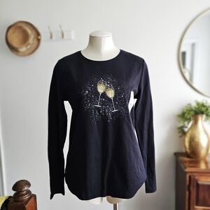 NWT Croft & Barrow Black Long Sleeve Champagne Graphic Top – Size M